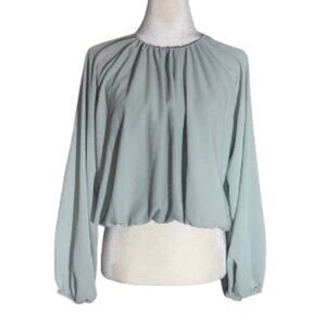 H&M Mint Green Bubble Hem Long Sleeve Cropped Blouse Top Women's Large